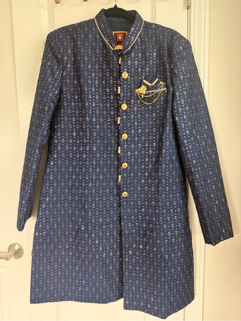 Men’s Navy Blue Embroidered Sherwani with Gold Accents